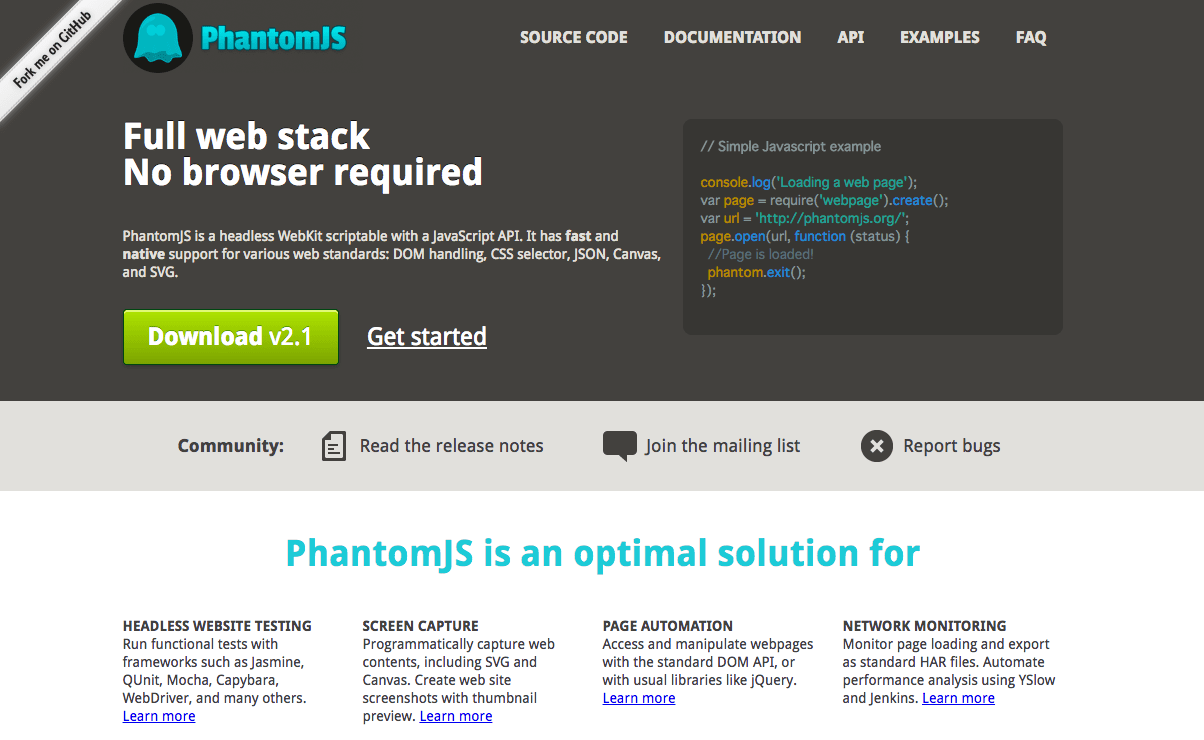 PHANTOMJS. Documentation web Page. Full website examples. Page source code.